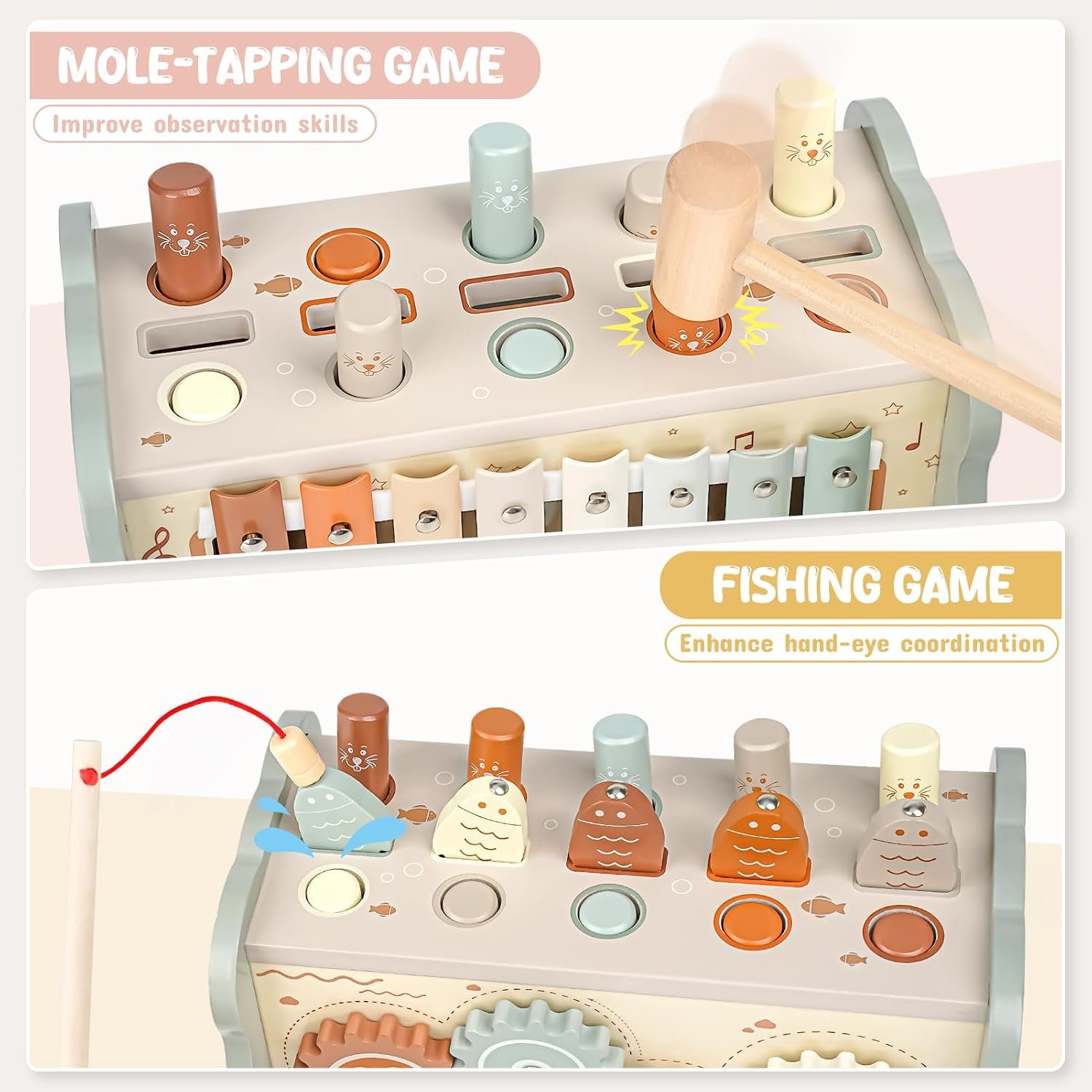 Joyreal Wooden Montessori Toys for 1 Year Old - Hammering Pounding Toy with Xylophone & Fishing Game - Educational Toddler Activities for 1 2 3 Year Old Christmas Birthday Gifts - Image 2