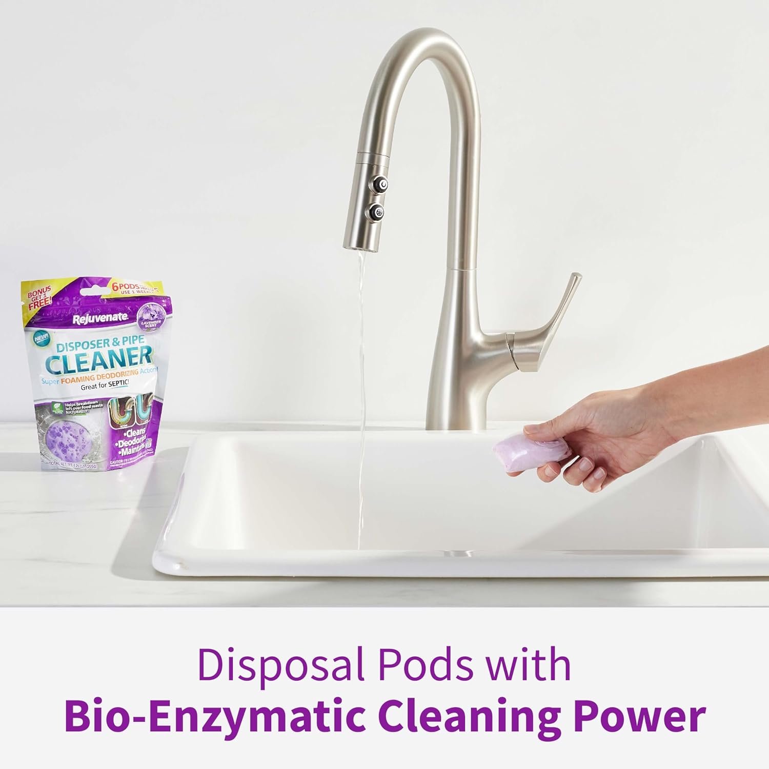 Rejuvenate Disposal Cleaner, 6 Pods, Lavender-Scented Disposal and Pipe Cleaner Pods with Bio-Enzymatic Formula Help Break Down Leftover Food Waste and Remove Odors for A Clean, Fresh Disposal - Image 2