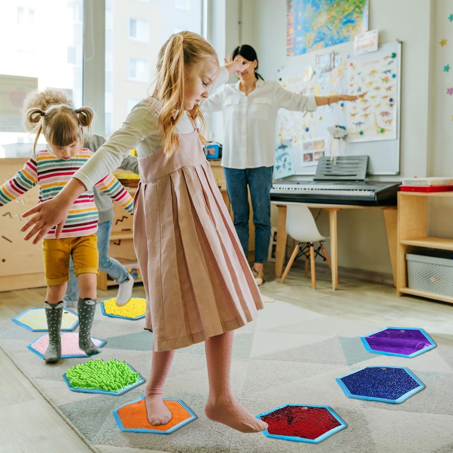 Boao 8 Set Mini Sensory Mats Assorted Textured Play Mats Sensory Floor Tiles Educational Tactile Toys for Activity(7.1 Inch,Hexagon) - Image 3