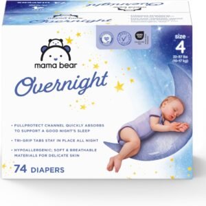 Amazon Brand – Mama Bear Overnight Baby Diapers with Leak Protection, Fragrance-Free, Size 4, 74 Count, Nighttime Protection, Leakproof with Leak Guards