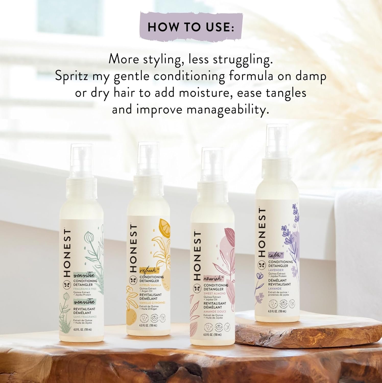 The Honest Company Conditioning Hair Detangler, Leave-In Conditioner and Fortifying Spray, Tear Free, Cruelty-Free, Hypoallergenic, Lavender Calm, 4 Fl Oz - Image 5