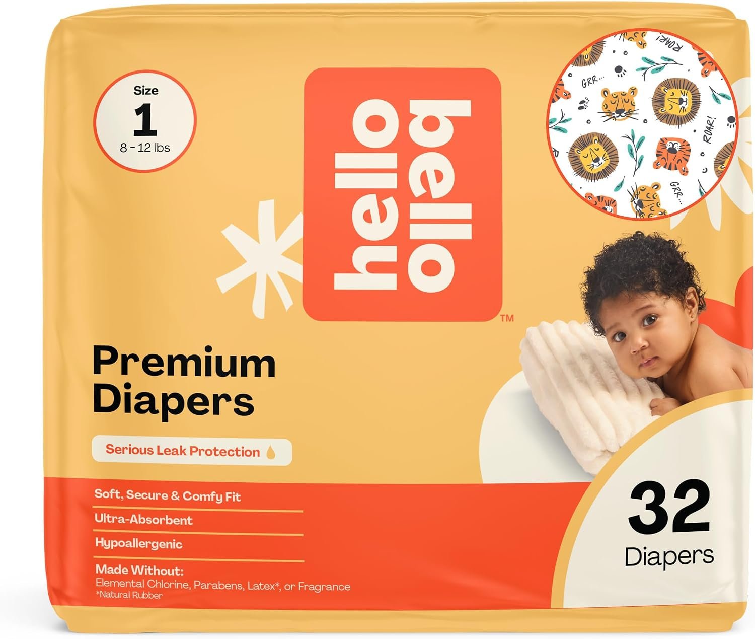 Hello Bello Diapers, Size 1 (8-12 lbs) Wild Cats, 32 Count of Premium Disposable Baby Diapers, Hypoallergenic with Soft, Cloth-Like Feel