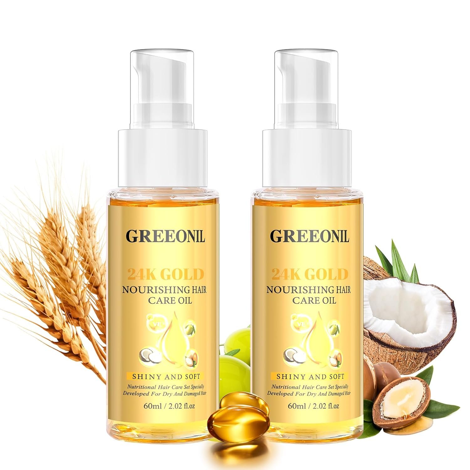 GREEONIL Hair Oil with Argan Oil, Coconut Oil, Olive Oil, Vitamin E for Nourish Hair, Smooth Frizz, Add Shine, Hair Treatment Oil for Women Men Frizzy Damaged Fine Curly Hair, Leave-in, 2Pack