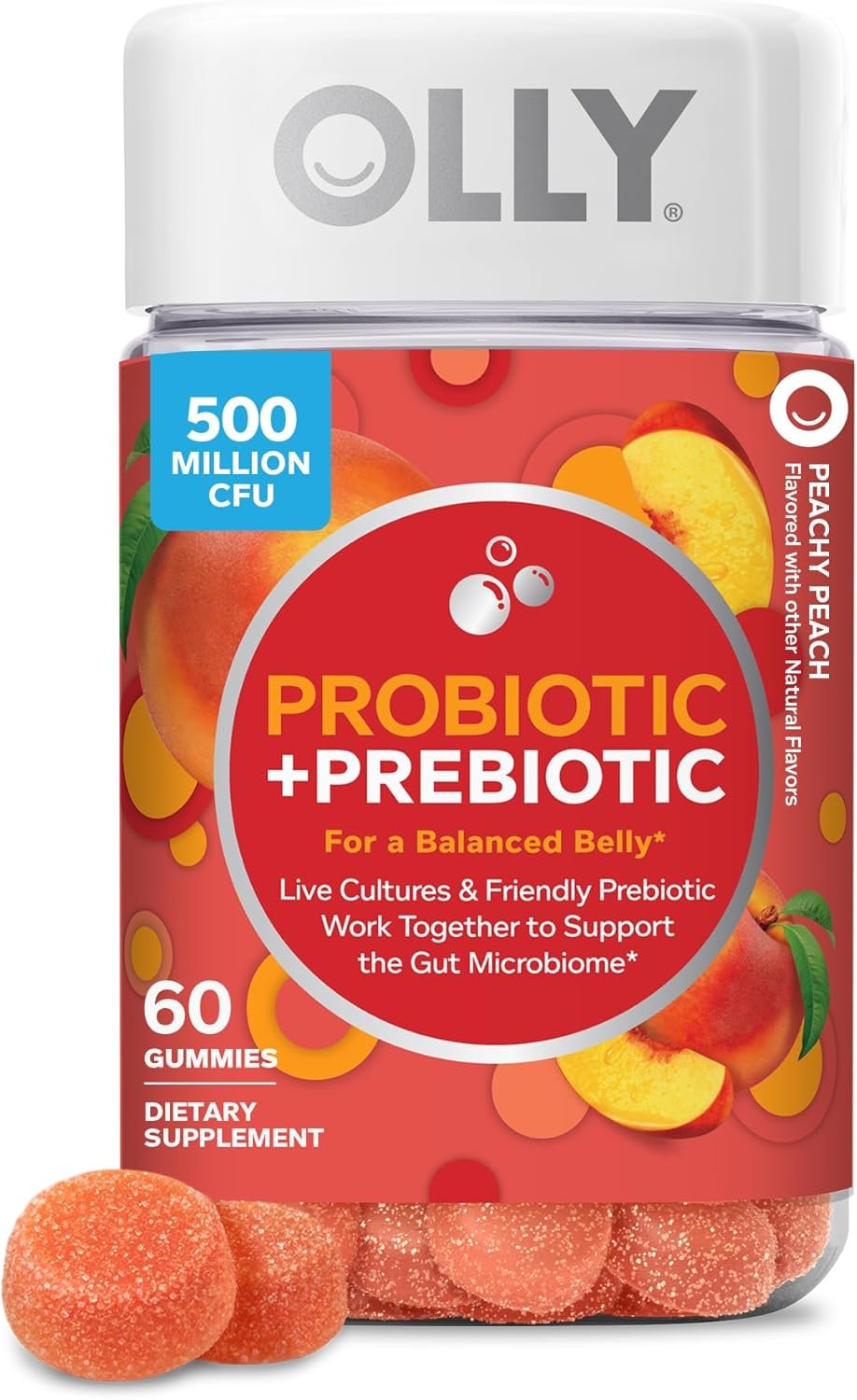 OLLY Probiotic + Prebiotic Gummy, Digestive Support and Gut Health, 500 Million CFUs, Fiber, Adult Chewable Supplement for Men and Women, Peach, 60 Day Supply - 60 Count