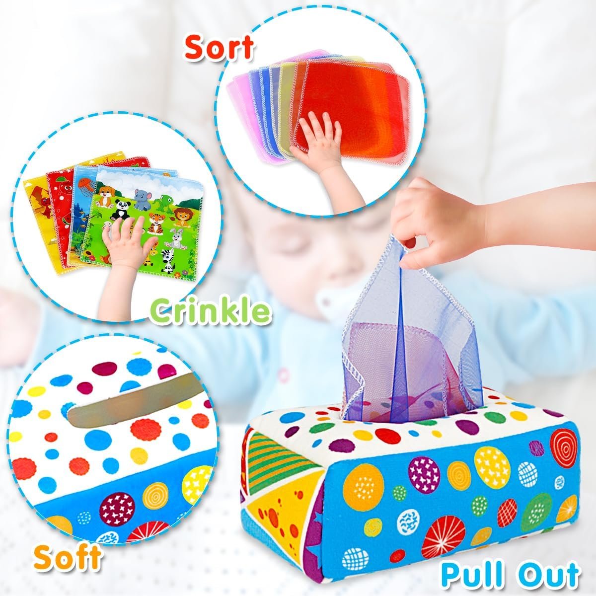 Baby Toys 6 to 12 Months - Baby Tissue Box Toys Montessori Toys for Babies 6-12 Months Soft Crinkle Infant Sensory Toys for 1 Year Old Early Learning Toys Baby Boys Girls Gifts - Image 4