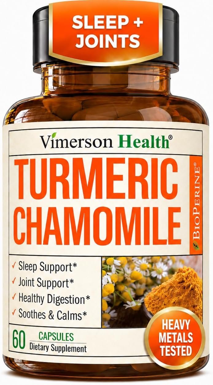 Turmeric Supplement & Chamomile Capsules for Sleep - Organic Turmeric Sleep Supplement with Chamomile Flowers Extract (Manzanilla) - Relaxation & Stress Support - Joint & Digestive Health. 60 Capsules