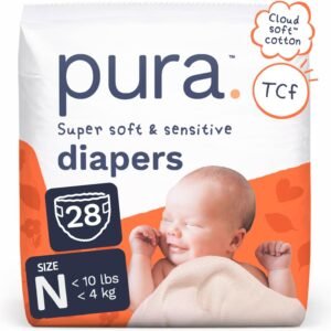 Pura Newborn Baby Diapers – Size N (Up to 10 lbs), 28 Count, Cloud Soft Disposable Diapers for Sensitive Skin, Totally Chlorine Free, Blowout Blocker & Wetness Indicator