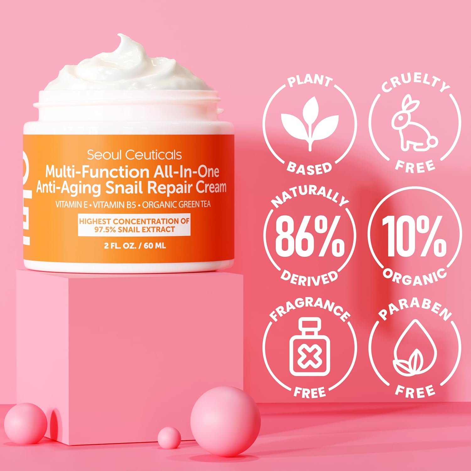 SeoulCeuticals Snail Mucin Moisturizer 97.5% - Korean Skin Care Snail Repair Cream - Day & Night Anti Aging K Beauty Skincare Cruelty Free 2oz - Image 4