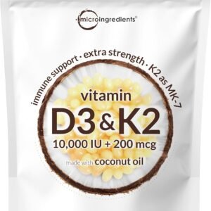 Micro Ingredients Vitamin D3 10,000 IU + K2 MK-7 200 mcg, 180 Softgels with Virgin Coconut Oil | 2-in-1 Vitamins D & K Complex | Extra Strength, Easy to Swallow, Non-GMO, Gluten Free