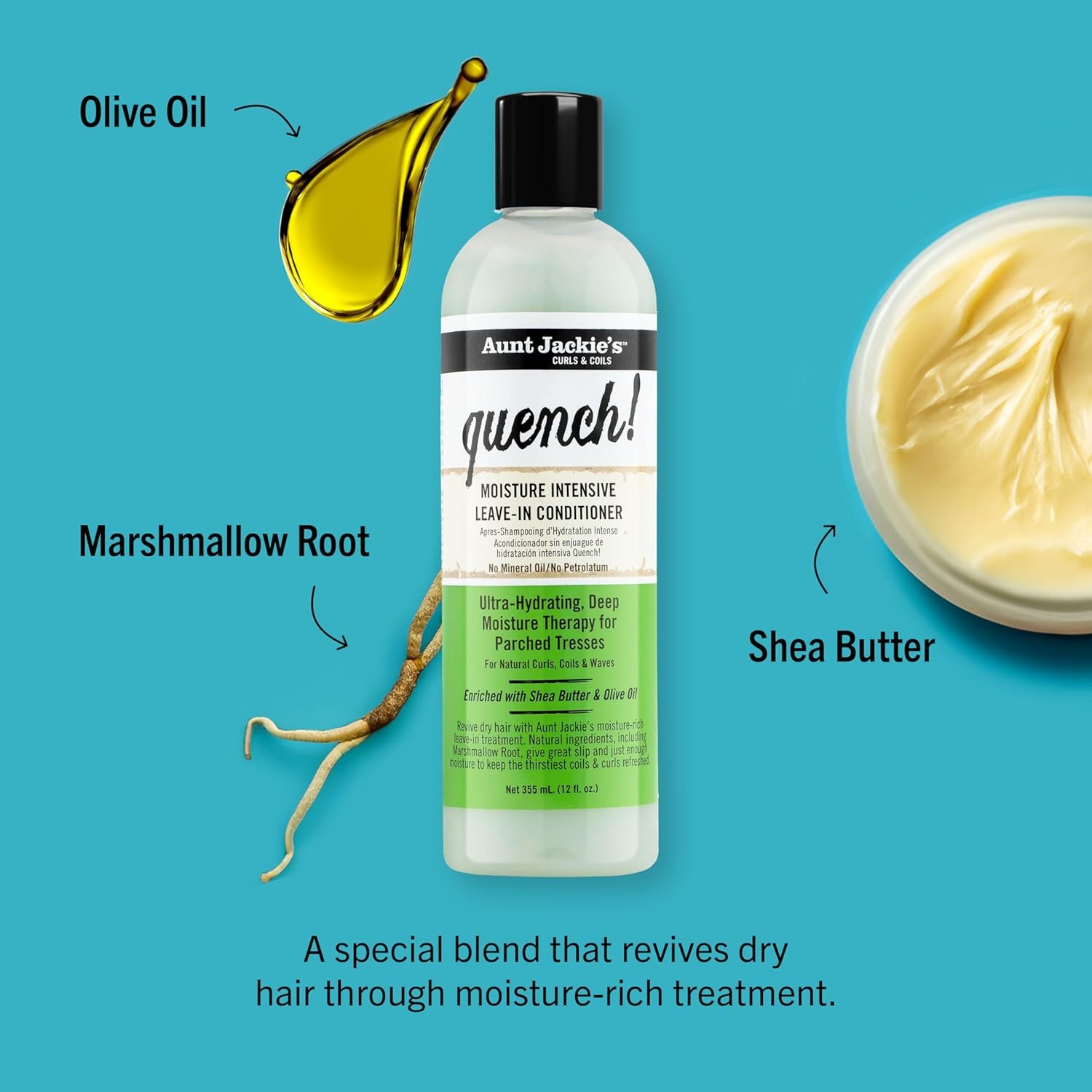 Aunt Jackie's Curls and Coils Quench Moisture Intensive Leave-In Hair Conditioner for Natural Curls, Coils and Waves, Enriched with Shea Butter, 12 oz - Image 2