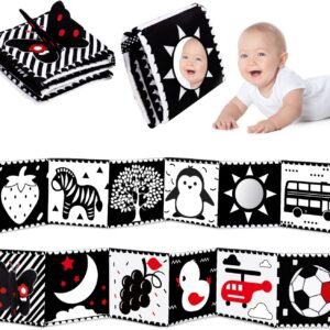 Black and White High Contrast Toys for Baby 0-3 3-6 months Infant Tummy Time Soft Crinkle Book Mirror Sensory Toys 0 2 4 5 6 Month Old Babies Boy Gril Newborn Development Christmas Stocking Stuffer