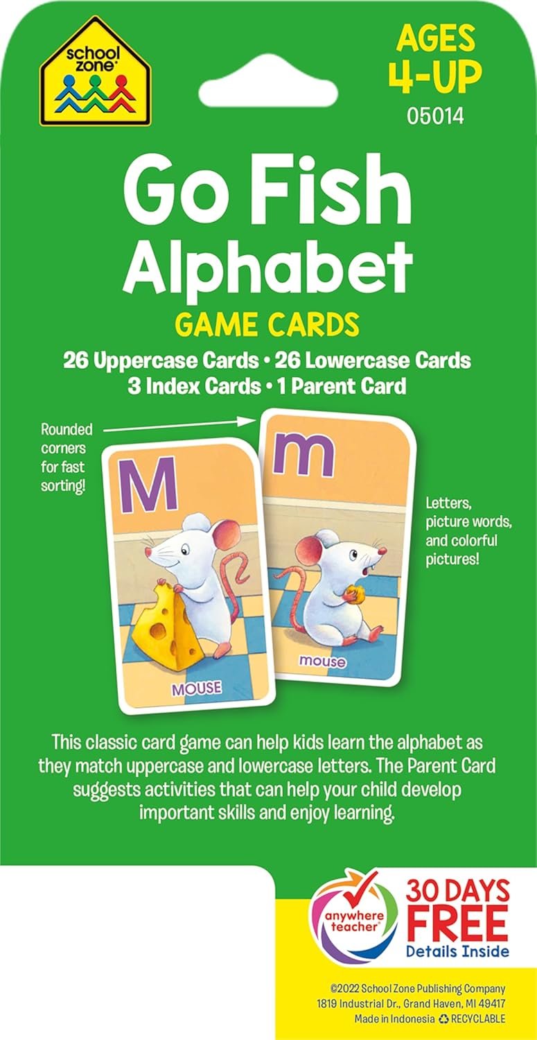 School Zone Go Fish Alphabet Game Cards: 56 ABC Flash Cards for Preschool & Kindergarten, Upper & Lowercase Letters, Phonics, Word-Picture Recognition, Parent & Baby Animals, Ages 4+ - Image 2