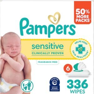 Pampers Sensitive Baby Wipes, Clinically Proven, Fragrance Free, Unscented, Water Based, Hypoallergenic, Multi-Use, Hand Wipes 336 Wipes Total (6X Flip-Top Packs) [Packaging May Vary]
