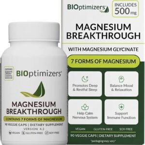 BIOptimizers Magnesium Breakthrough Supplement with 500mg – 7 Forms of Magnesium: Glycinate, Malate, Citrate, and More – Natural Support for Sleep and Cognitive Function -90 Capsules- Calming Vitamins