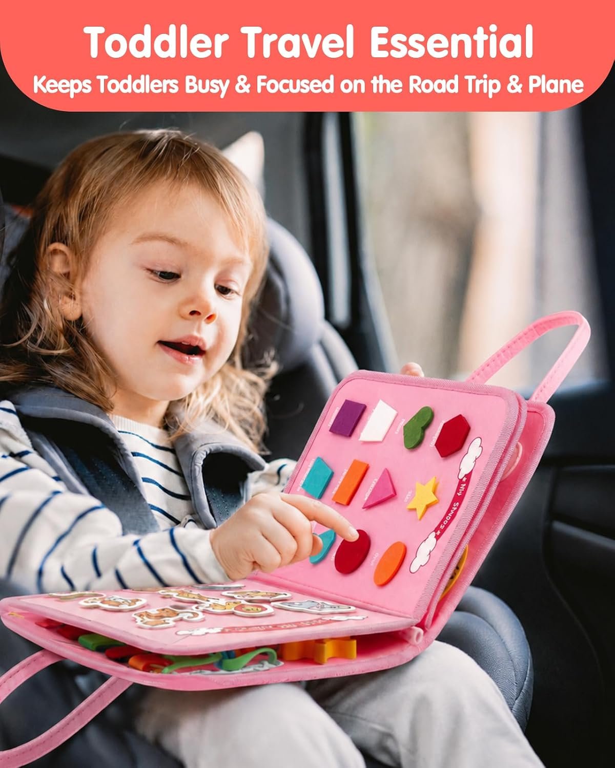 hahaland Toddler Busy Board Montessori Toys for 3 Year Old Girl Gifts, Educational Learning Toys with Life Skills, Alphabet, Number, Shape, Color, Car Ride Airplane Travel Toy Toddlers Girls Busy Book - Image 5