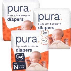 Pura Newborn Baby Diapers Size N (Up to 10 lbs), 3 Pack (84 Hypoallergenic Diapers) Totally Chlorine Free (TCF), Disposable Diapers for Sensitive Skin, Blowout Protection & Wetness Indicator