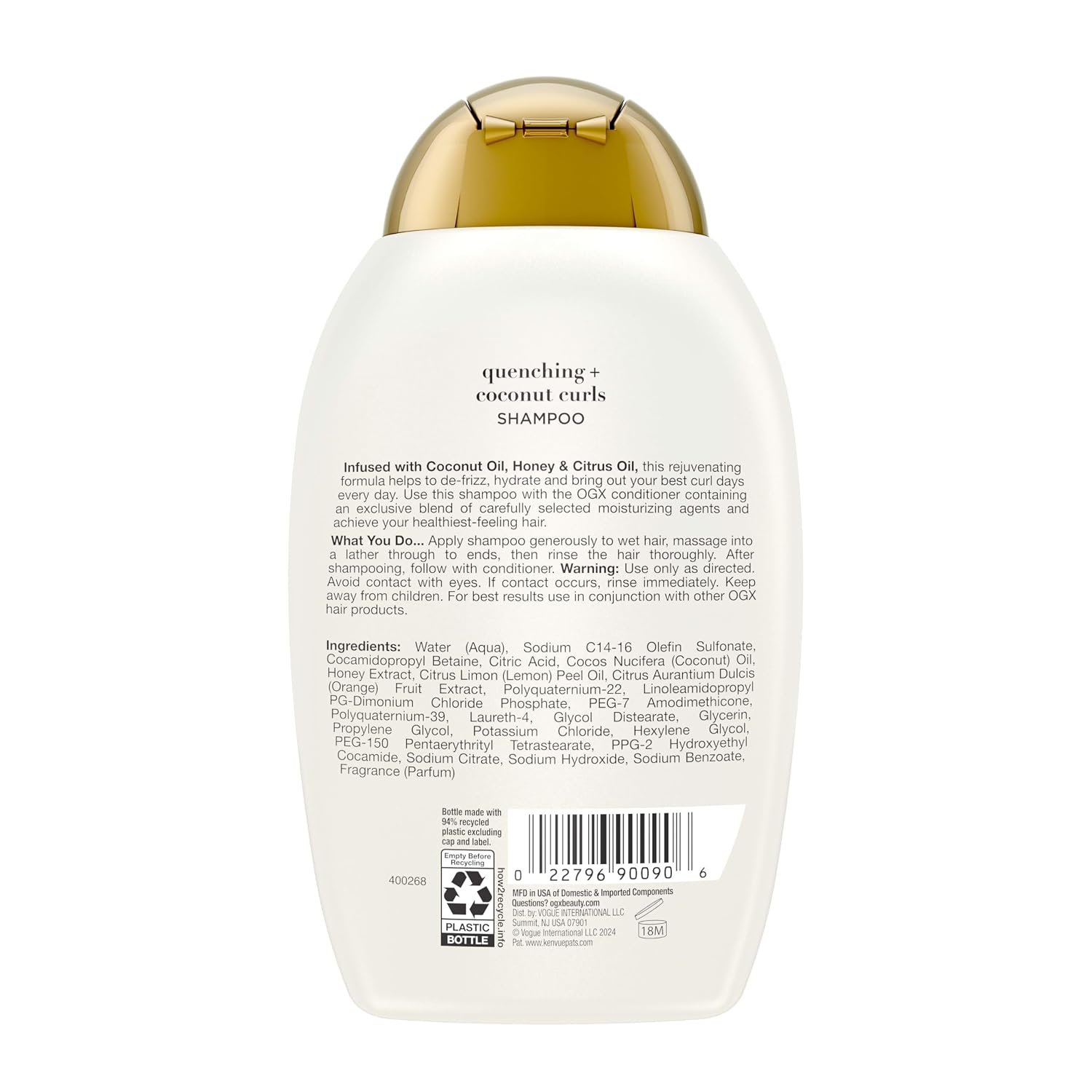 OGX Quenching + Coconut, Curl-Defining Shampoo, Hydrating & Nourishing Curly Hair Shampoo with Coconut Oil, Citrus Oil & Honey, Paraben, Sulfate-Free Surfactants, 13 floz - Image 9