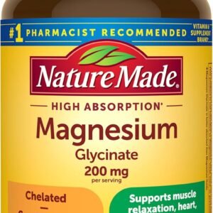 Nature Made Magnesium Glycinate 200 mg per Serving, Magnesium Supplement for Muscle, Heart, Nerve and Bone Support, 60 Magnesium Bisglycinate Capsules, 30 Day Supply