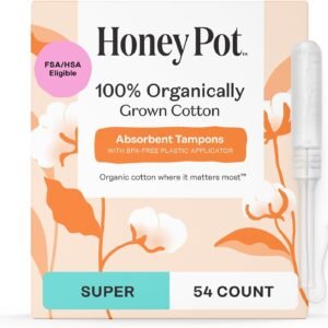 The Honey Pot Company – Super Absorbency – 100% Organic Cotton Core Tampons w/Bio Plastic Applicator – Feminine Care – Unscented – 54 Count (3 Packs of 18)