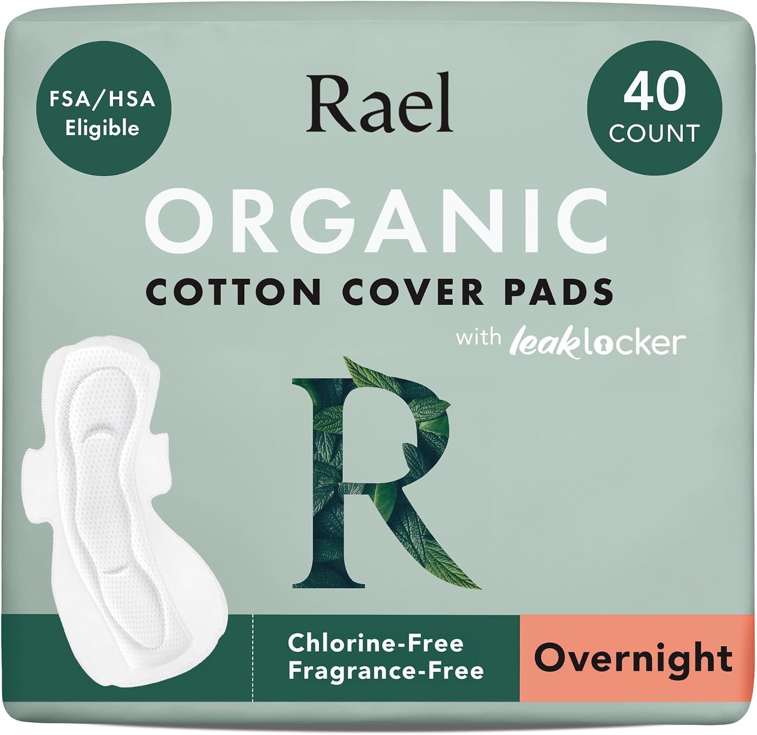 Rael Pads for Women, Organic Cotton Cover - Period Pads with Wings, Feminine Care, Sanitary Napkins, Heavy Absorbency, Unscented, Ultra Thin (Overnight, 40 Count)