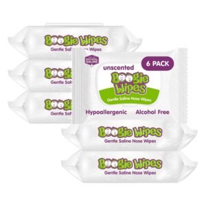 Boogie Wipes Gentle Saline Nose Wipes – 180 Count – Unscented, Hypoallergenic & Alcohol-Free – Made with Natural Saline, Aloe, Chamomile & Vitamin E – Diaper Bag Essential
