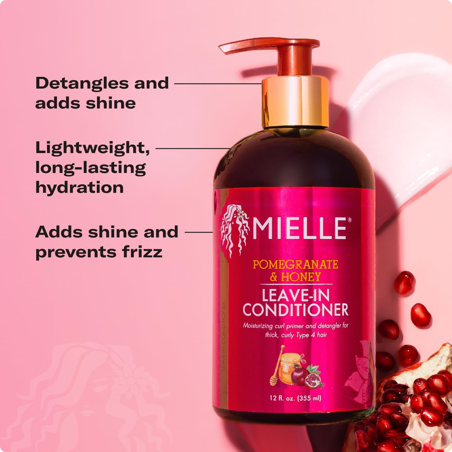 Mielle Organics Pomegranate & Honey Leave-In Conditioner for Curly Hair - Moisturizing Detangler & Curly Hair Treatment to Help Repair Damage, Prevent Frizz & Improve Shine, 12 Fl Oz - Image 4