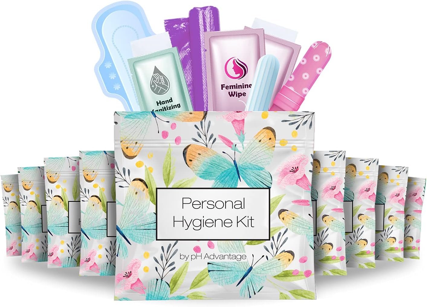 Menstrual Kit All-in-One 10 Pack | Convenience on The Go | Period Kit Pack for Travelling, Tweens & Teenager | Individually Wrapped Feminine Hygiene Product (Butterflies)