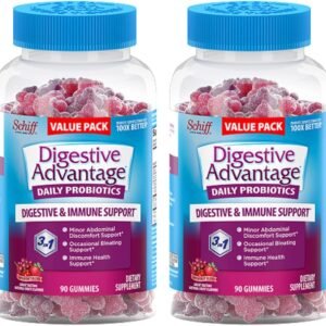 Digestive Advantage Daily Probiotic Gummies for Digestive & Gut Health for Men and Women, Superfruit Flavor, Red, 180 Count, Pack of 2