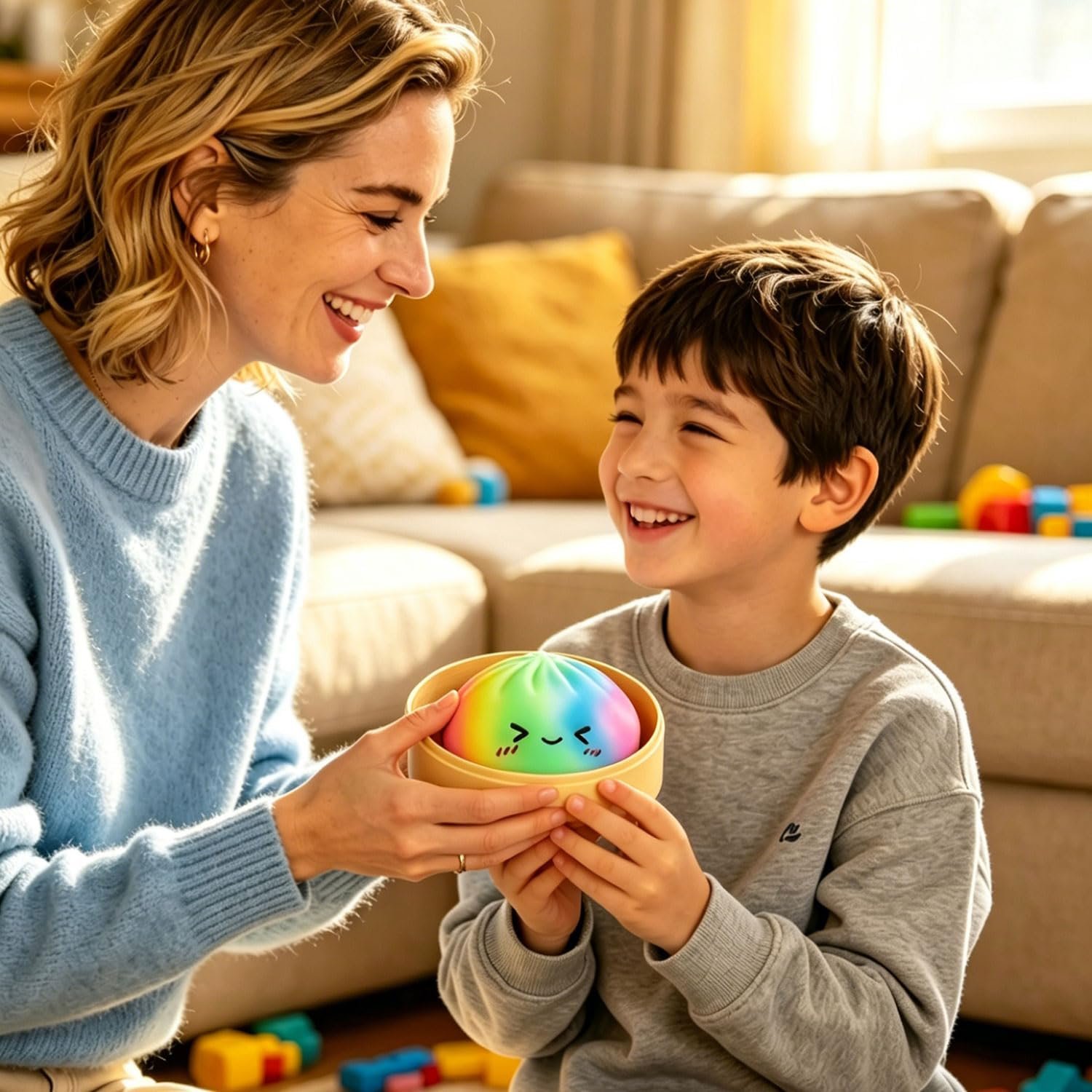 2pcs Rainbow Dumpling Toy with Steamer Box, Surprise Colorful Squeeze Dough Stress Ball Realistic Steamed Bun Fidget Sensory Toy for Adult Gift - Image 3