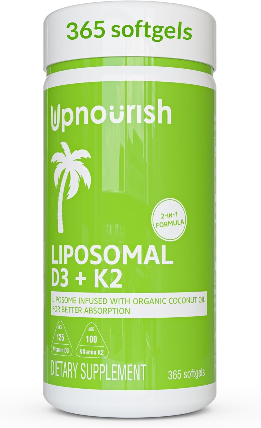 UpNourish Liposomal D3 K2 MK-7 – 365 Mini softgels with Organic Coconut Oil - 5000 IU 125 mcg Vitamin D3 and 100 mcg Vitamin k2 for Optimal Bone and Immune Health