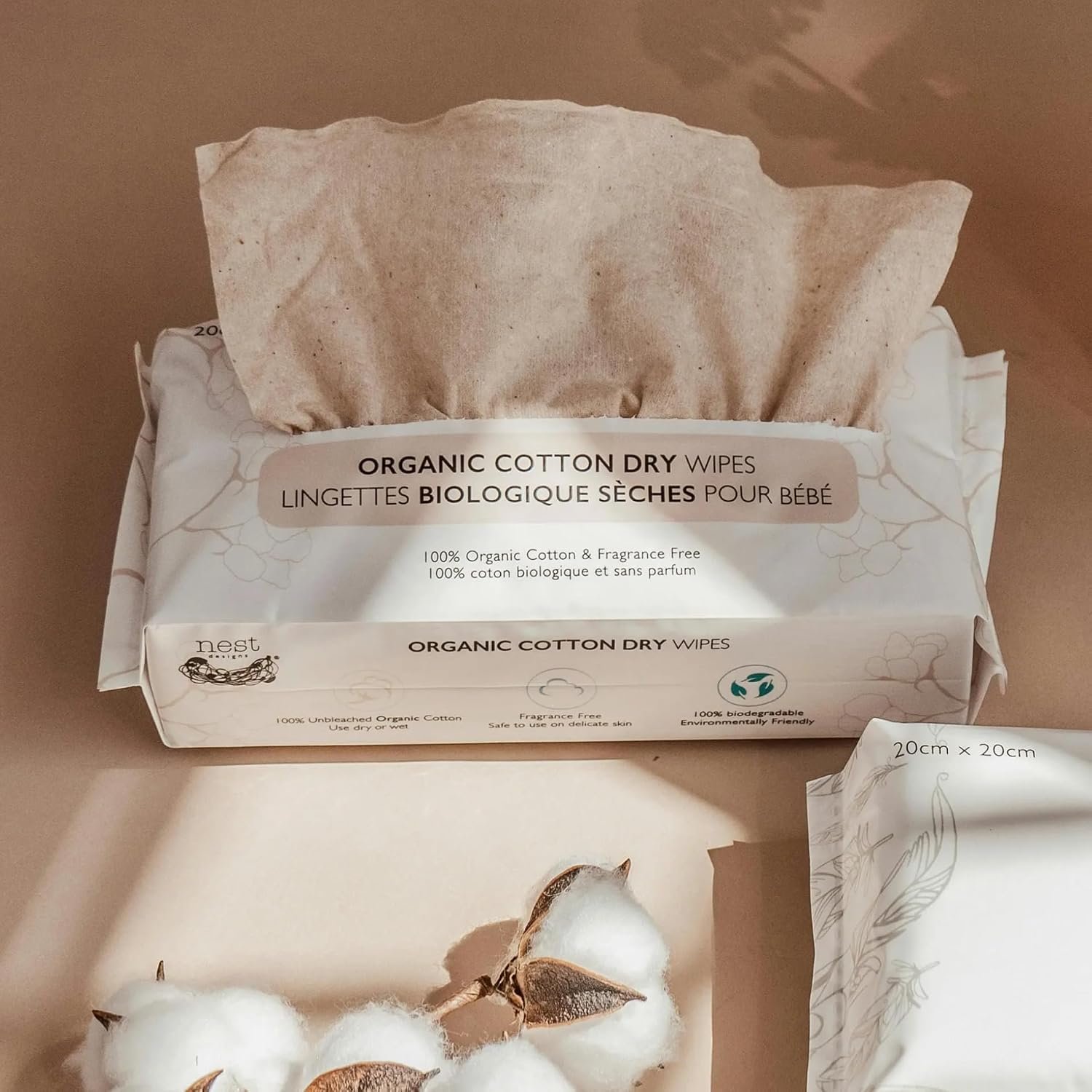 Nest Designs Organic Cotton Dry Baby Wipes for Sensitive Skin, Chemical-Free, 80 Wipes per Pack - Image 2