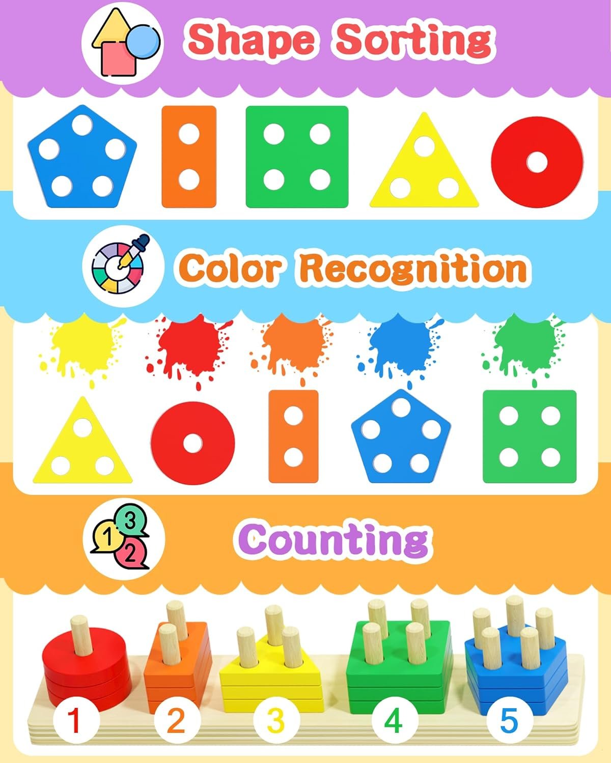 Tonberless Montessori Toys for 1 2 3 Year Old Boy Girl, Toys for Ages 2-4 Toddlers Kids Baby, 1 2 Year Old Boy Girl Birthday Gifts, Wooden Learning Puzzles Shape Sorter Toys for Toddlers 1-3 - Image 3