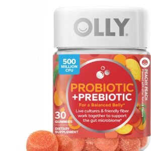 Olly, Probiotic + Prebiotic Gummy, 500 Million CFUs, Fos, Adult Chewable Supplement for Men and Women, Peach Flavored, 30 Day Supply, 30 Count