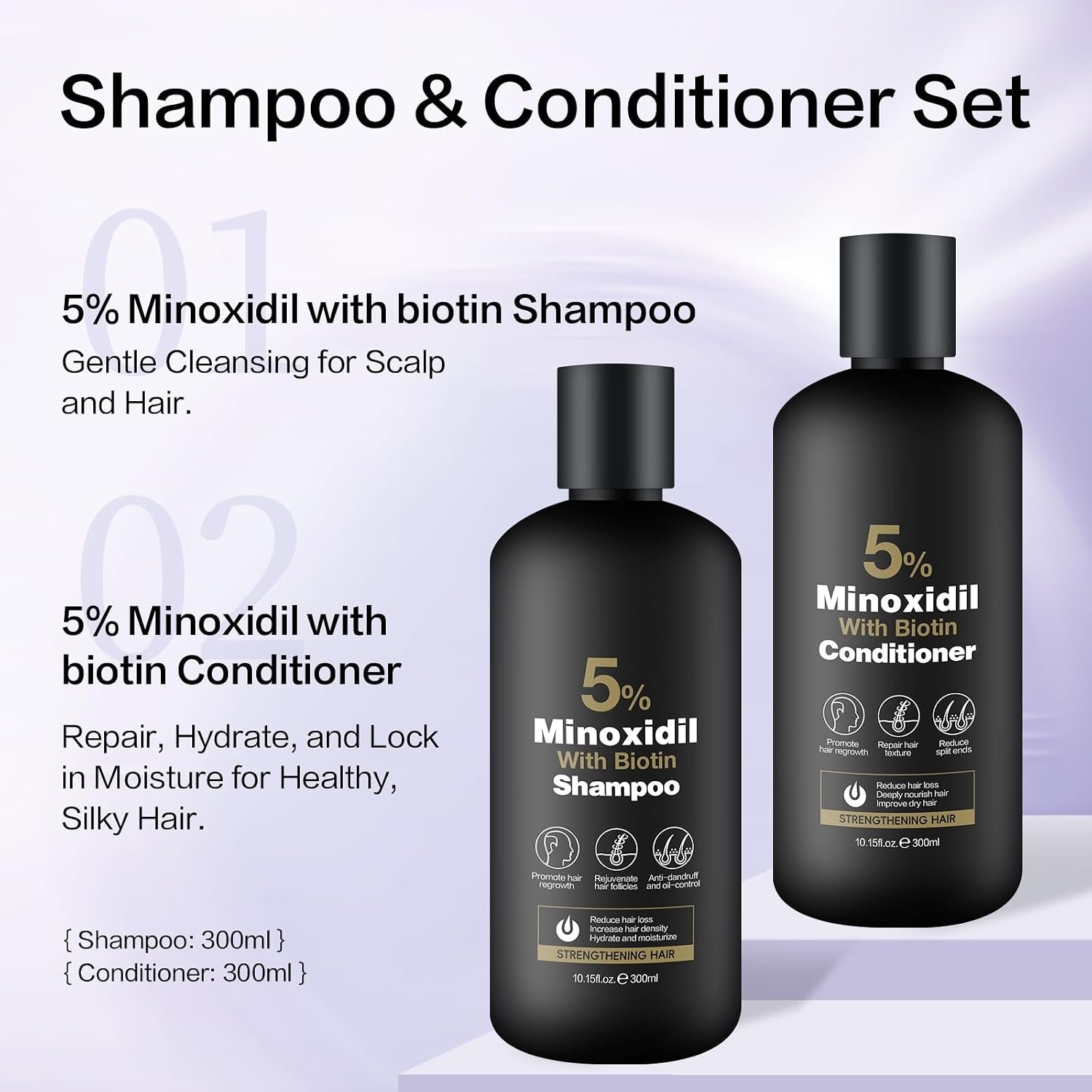 Minoxidil Shampoo & Conditioner Set for Hair Growth – Biotin, Ginseng & Ginger – Supports Thicker, Fuller Hair – Scalp Care Formula – For Men & Women – 600ml Duo - Image 5