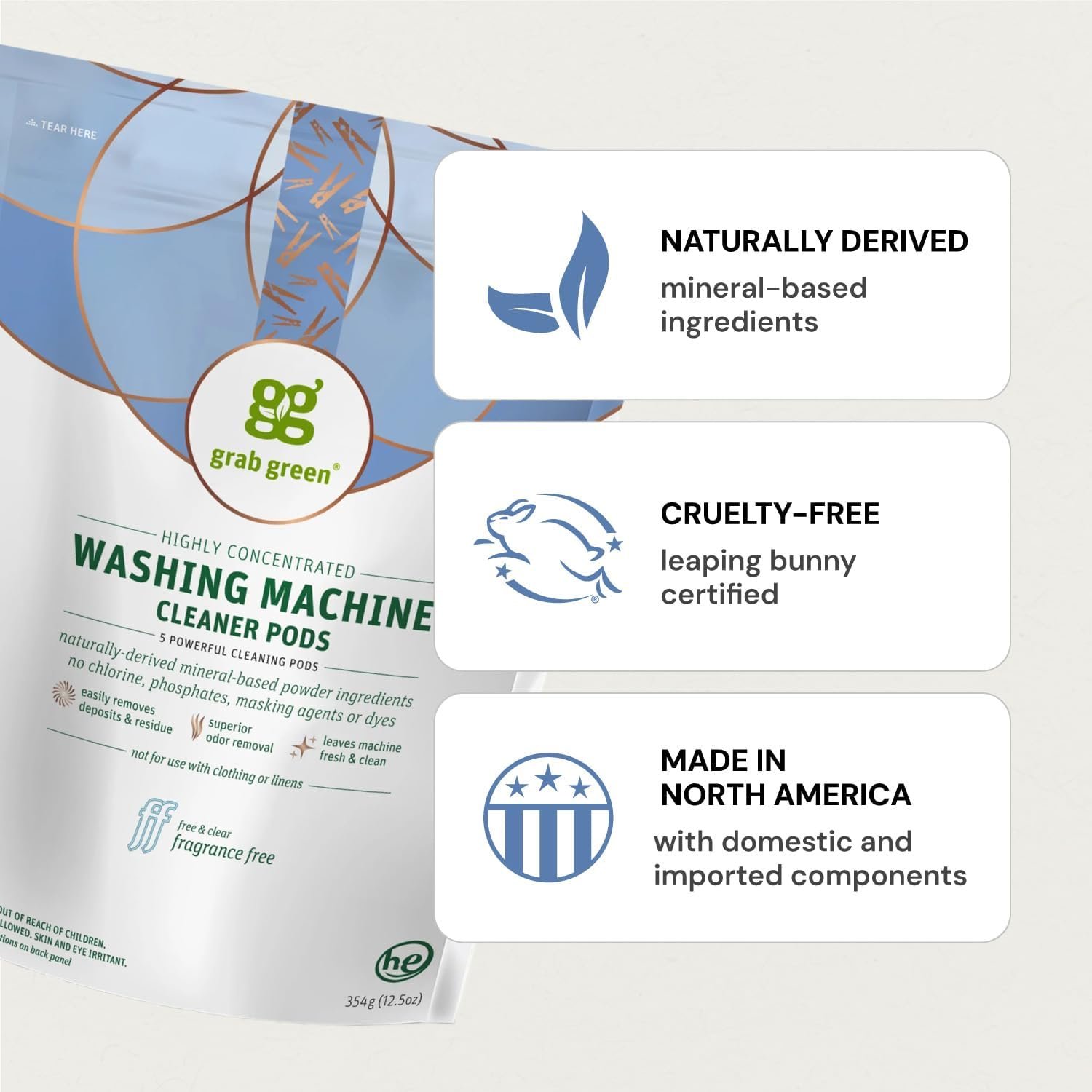 Grab Green Washing Machine Cleaner Pods - Fragrance Free Eco Treatment Packs, 5 Count - Image 2