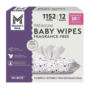 Member’s Mark Fragrance Free Baby Wipes (Netcount 12 Pack 96 Wipes in Each), 12Count ()