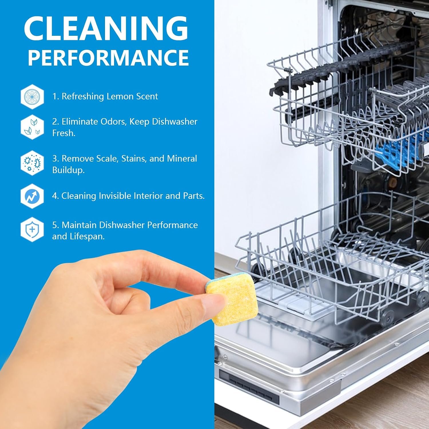 24-count Dishwasher Cleaner Tablets, Deep Cleaning and Descaling Formula, Removes Odors, Scale, and Hard Water Residue, Maintains Dishwashers, Septic Tank Safe (Lemon Scent) - Image 3