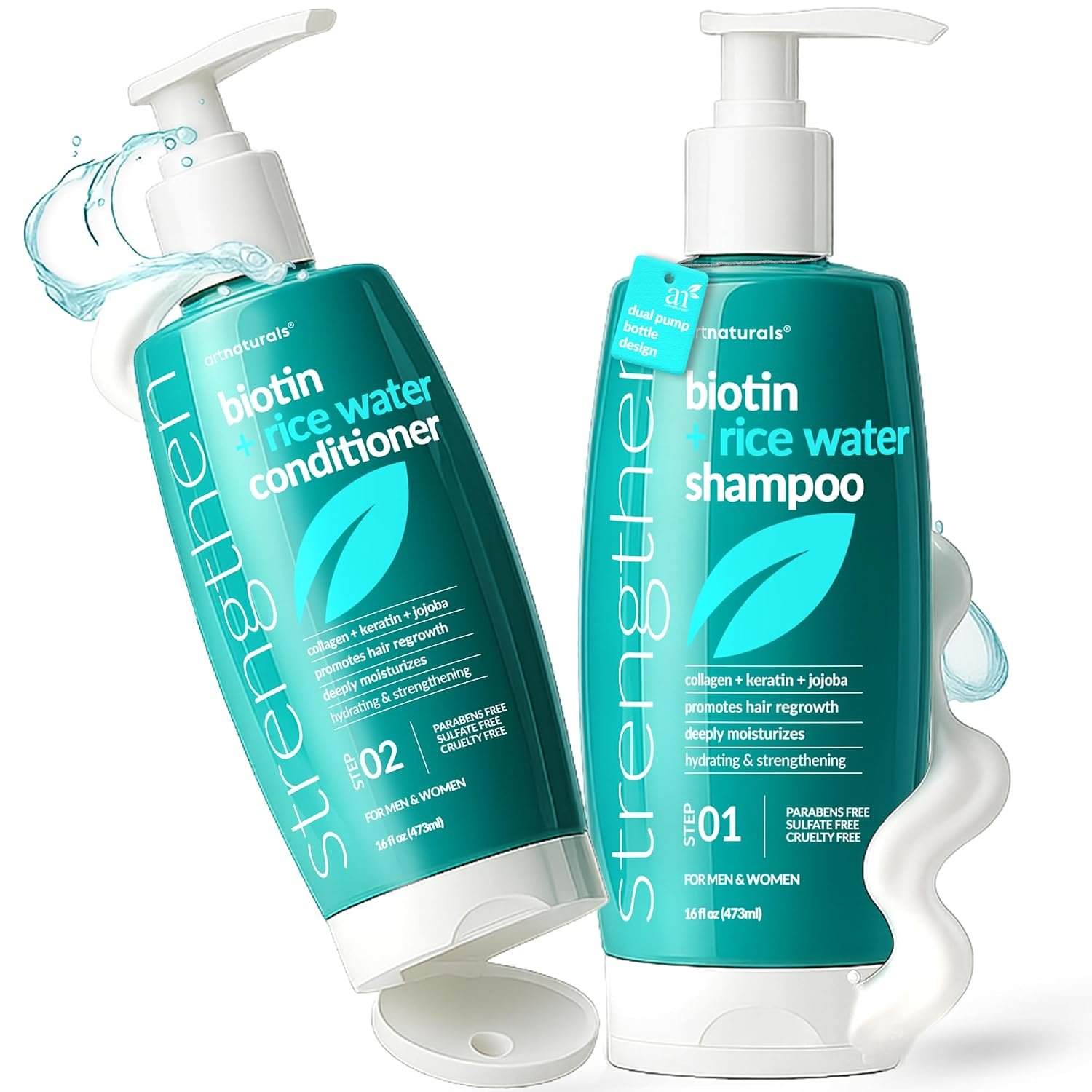 Biotin Rice Water Shampoo and Conditioner Set - Sulfate-Free Formula – Dual Bottle - Made with Collagen, Keratin, and Jojoba to Promote Strength, Shine, and Growth 16 Fl Oz 2 PK