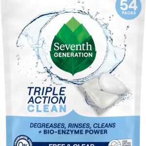 Seventh Generation Triple Action Clean Automatic Dishwasher Detergent Packs with Bio-Enzyme Power, Free & Clear, Fights 48-hour Stuck-on Food, 54 count