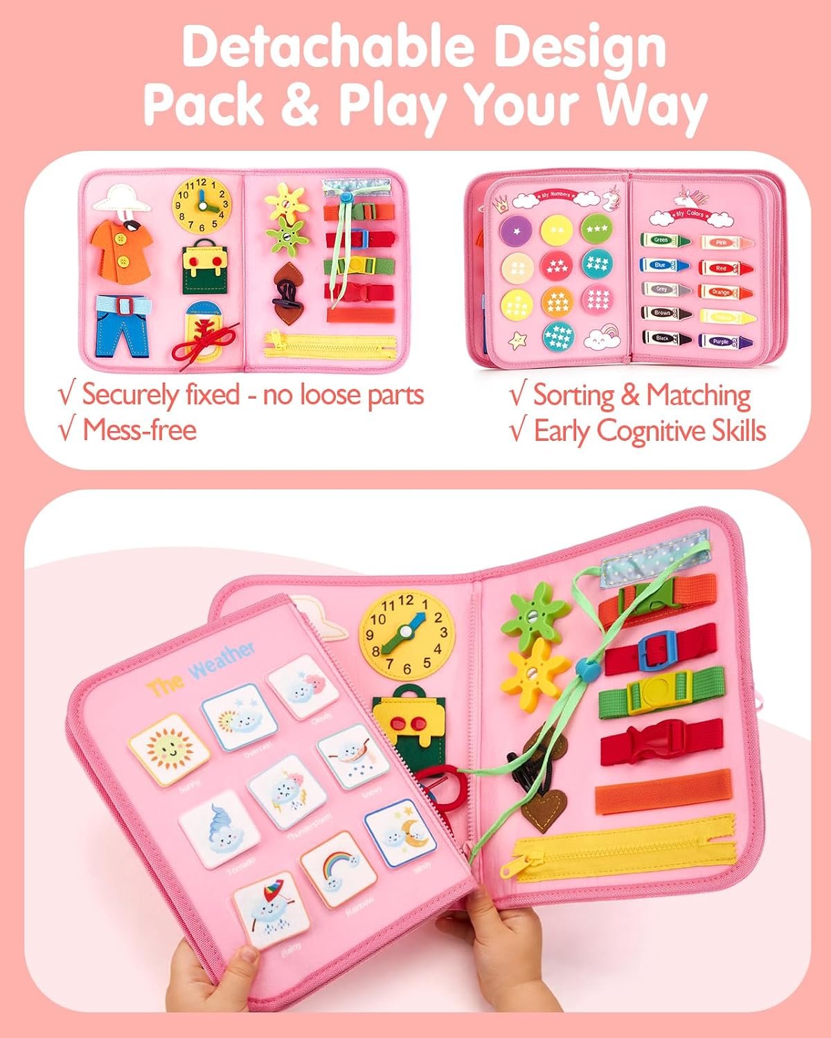 hahaland Toddler Busy Board Montessori Toys for 3 Year Old Girl Gifts, Educational Learning Toys with Life Skills, Alphabet, Number, Shape, Color, Car Ride Airplane Travel Toy Toddlers Girls Busy Book - Image 6