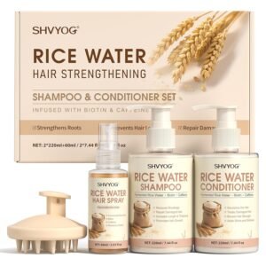 Rice Water Shampoo and Conditioner Set with Hair Growth Spray & Scalp Massager Brush, Enriched with Biotin & Caffeine, 4-in-1 Rice Water Hair Growth Kit for Strengthening, Thicker Looking Hair