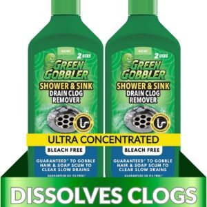 Green Gobbler Ultra Concentrated Drain Clog Remover & Cleaner | Powerful Hair, Grease & Soap Dissolver for Bathroom, Kitchen, Shower, Sink & Toilet | Safe for Pipes & Septic Systems | 2 Pack