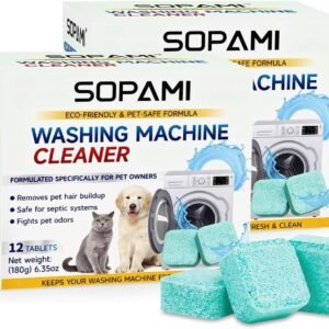 SOPAMI Washing Machine Cleaner Tablets 24-Pack (12 Month Supply) for HE/Top/Front Load Washers – Removes Stubborn Pet Hair, Odors, Mold & Residue, Septic Safe & Fragrance Free