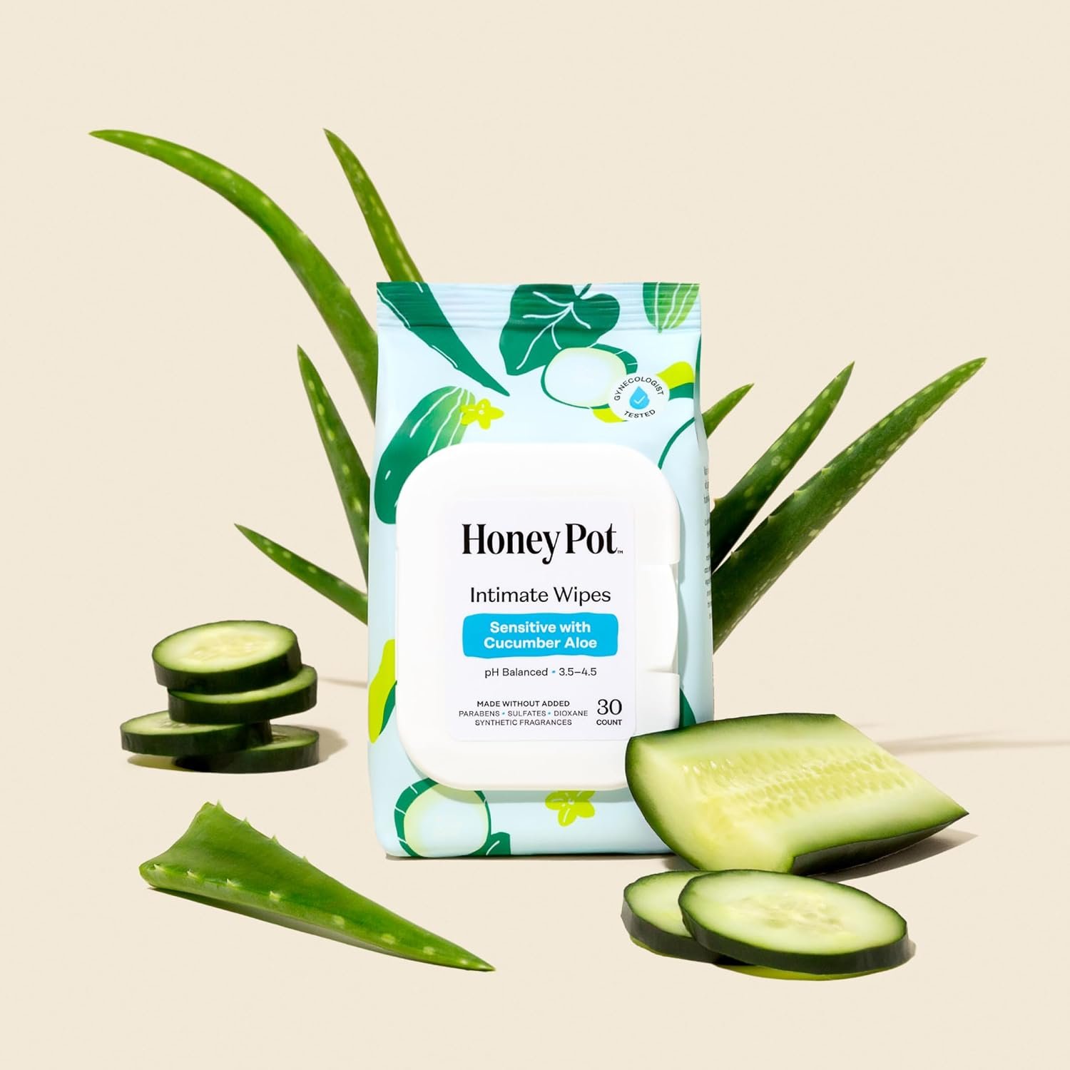 The Honey Pot Company - Sensitive w/Cucumber Aloe Feminine Hygiene Wipes - pH Balancing, Herbal Infused Plant-Based Feminine Care for Sensitive Skin - Cleansing Wipes for Women - 30ct - Image 8