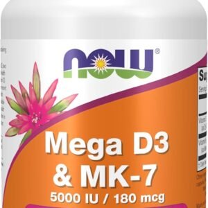 NOW Foods Supplements, Mega D-3 & MK-7 with Vitamins D-3 & K-2, 5,000 IU/180 mcg, Bone & Cardiovascular Support*, 60 Veg Capsules
