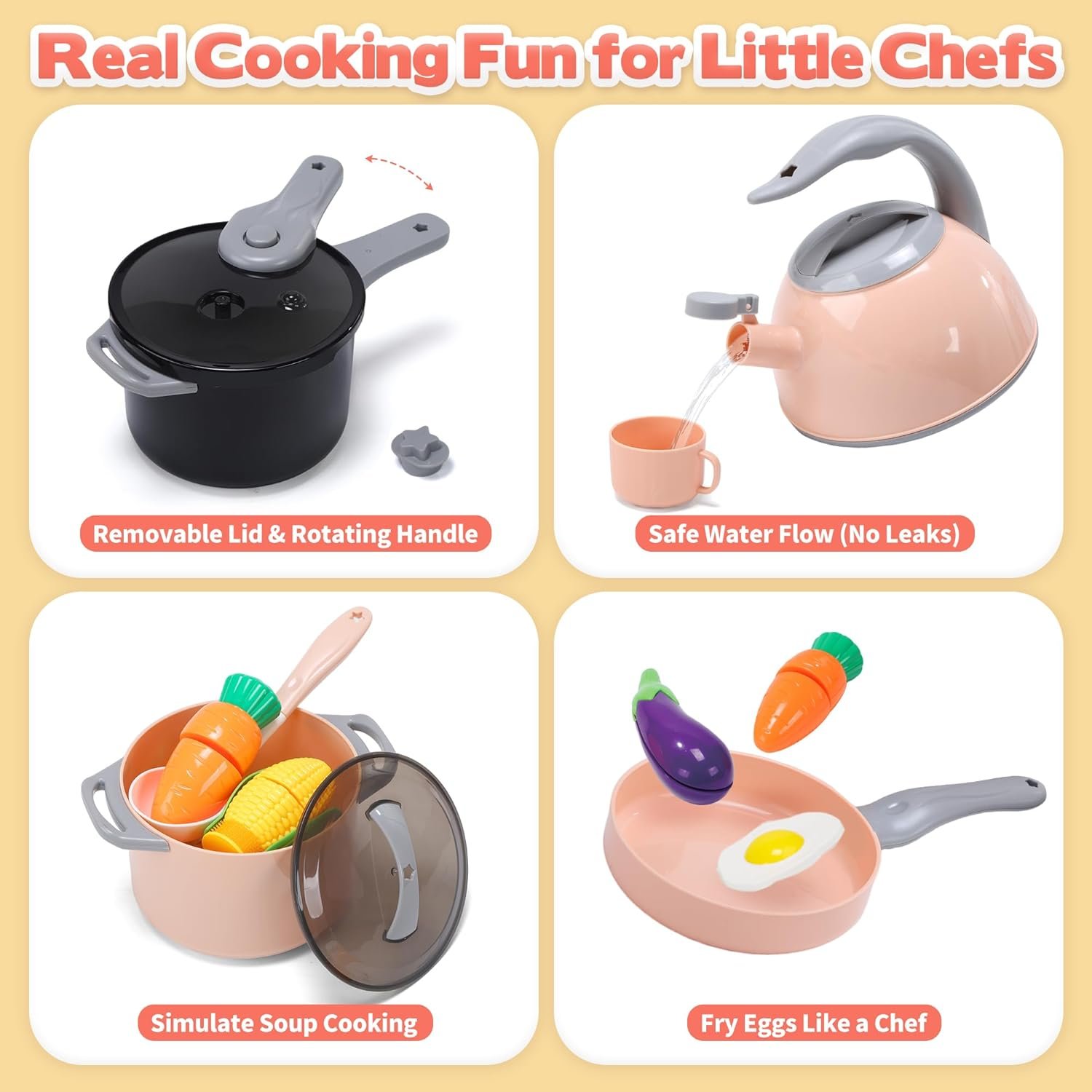 CUTE STONE Kids Kitchen Playset, 45PCS Pretend Cooking Toy Set with Play Pots & Pans, Pressure Cooker, Play Food, Cooking Utensils & Shopping Basket, Toy Kitchen Accessories Gift for Boys Girls - Image 4