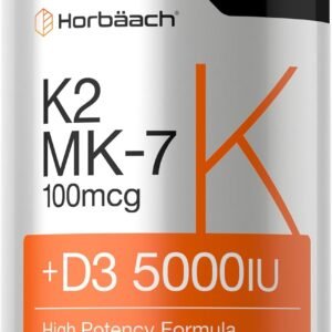 Horbäach Vitamin D3 K2 5000 iu | 100mcg MK-7 Complex | 180 Softgel Capsules | Non-GMO & Gluten Free Supplement