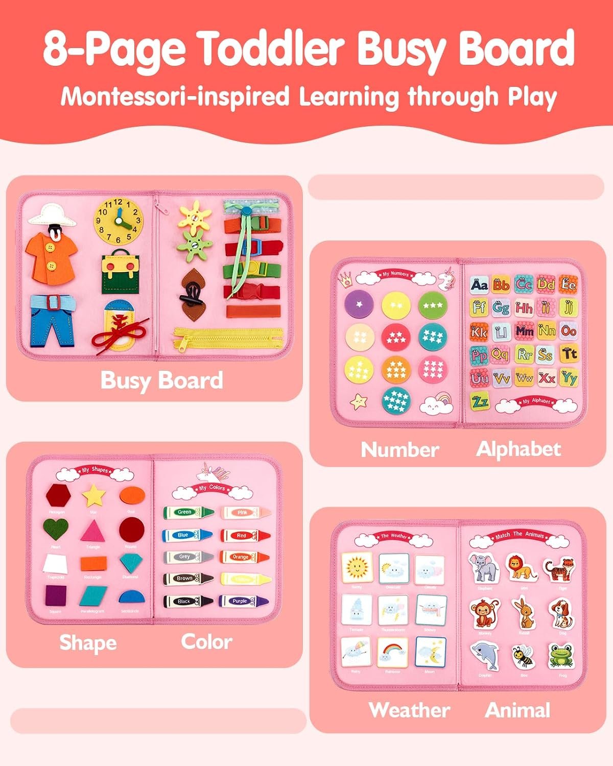 hahaland Toddler Busy Board Montessori Toys for 3 Year Old Girl Gifts, Educational Learning Toys with Life Skills, Alphabet, Number, Shape, Color, Car Ride Airplane Travel Toy Toddlers Girls Busy Book - Image 2