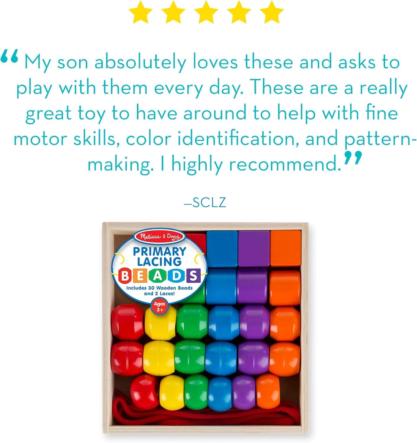 Melissa & Doug Primary Lacing Beads - Educational Toy with 30 Wooden Beads and 2 Laces for Toddlers, Fine Motor Skills Lacing Toys for Toddlers and Kids Ages 3+ - Image 8