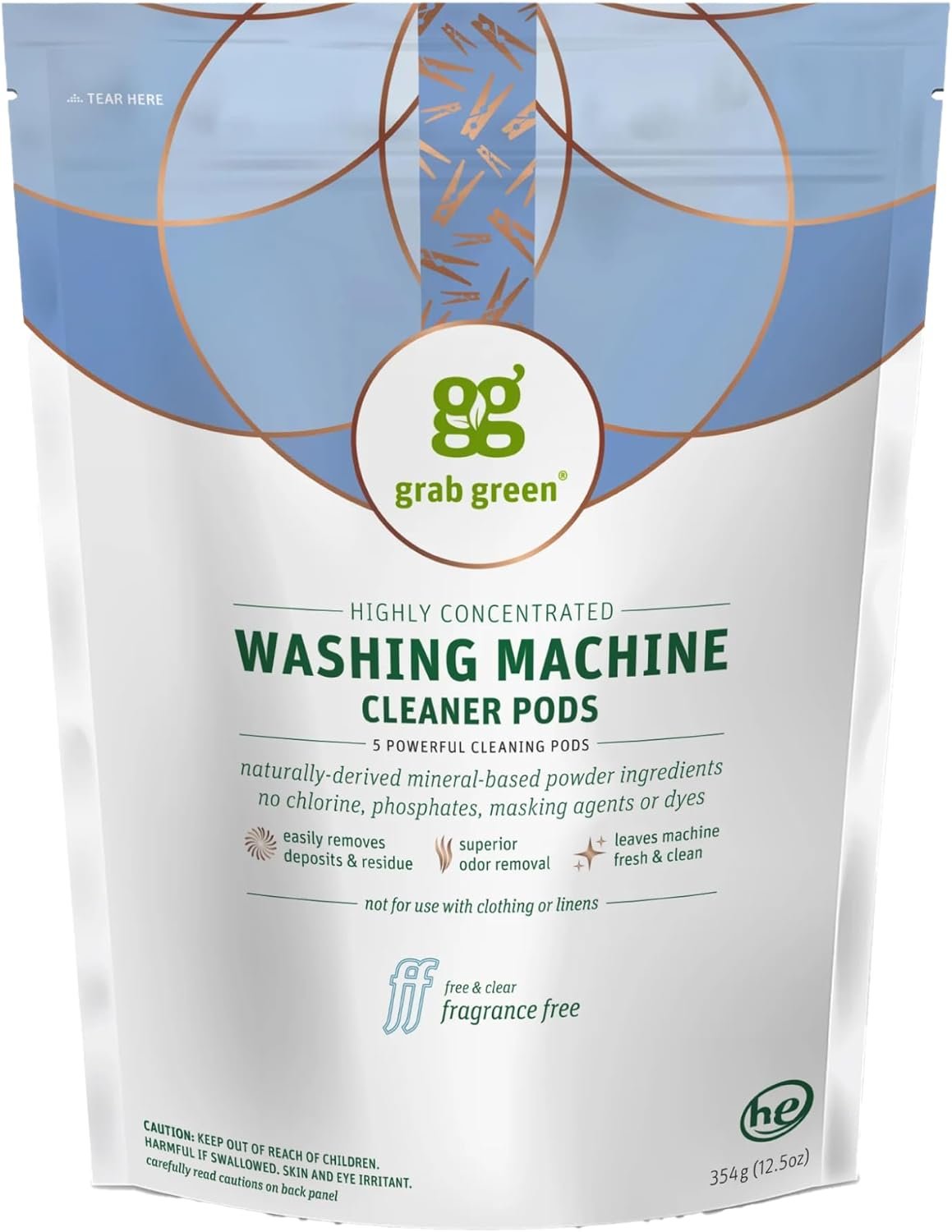 Grab Green Washing Machine Cleaner Pods - Fragrance Free Eco Treatment Packs, 5 Count